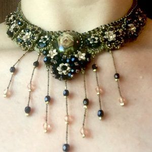 Collectible Michal Negrin Victorian Black Rose Cameo necklace beaded choker